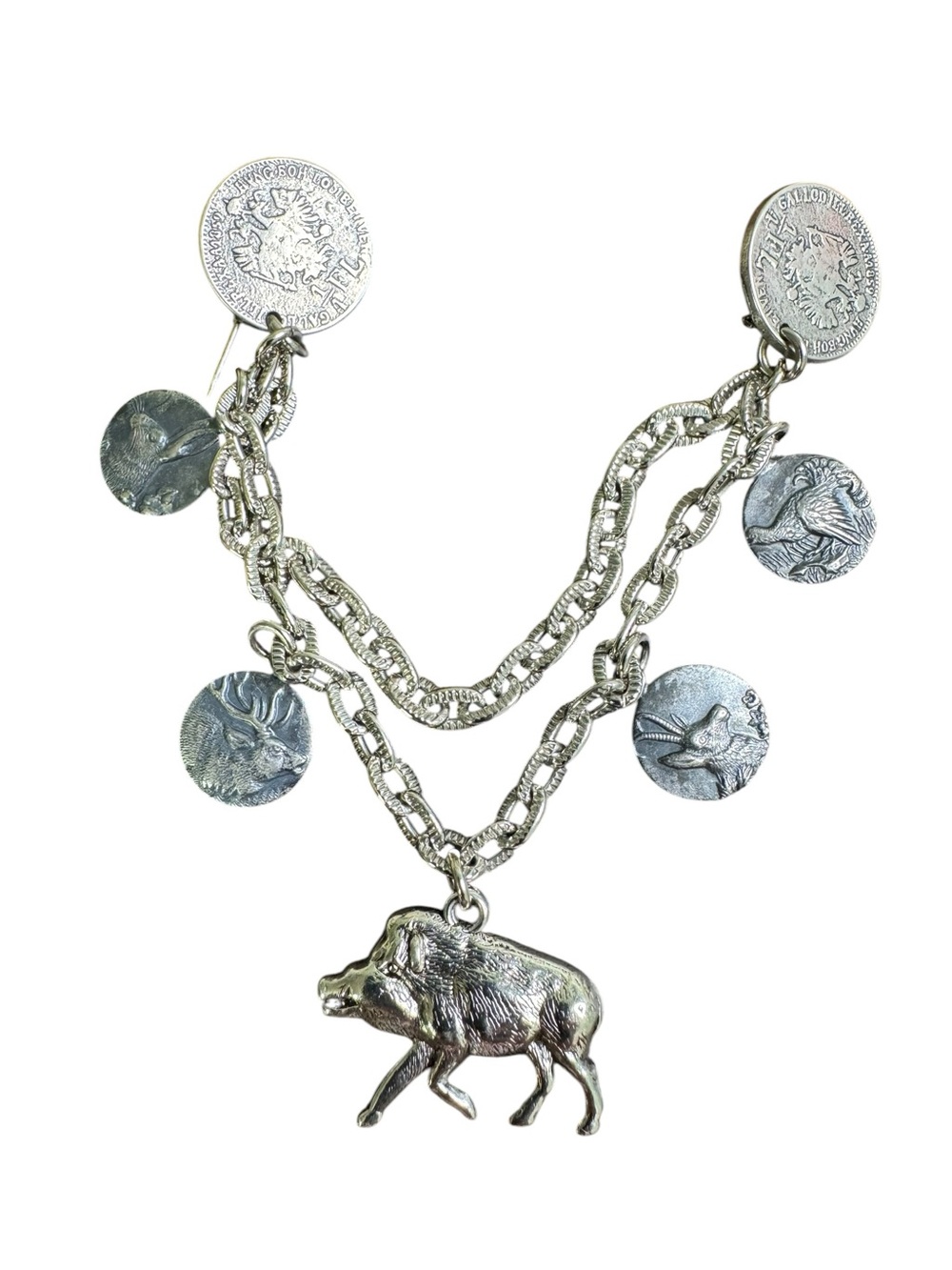 Hand Crafted Silver-Tone Boar & Coin Brooch